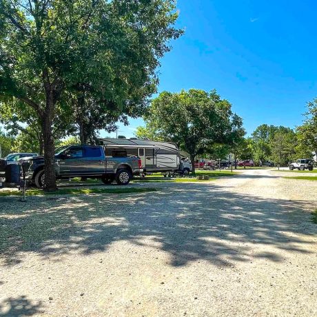 parked rvs in grassy area with trees